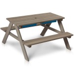 Masuta cu Bancute din lemn si Cutie cu Nisip - Bancuta cu Masuta Picnic si Activitati 2 in 1 cu recipente pentru nisip si apa